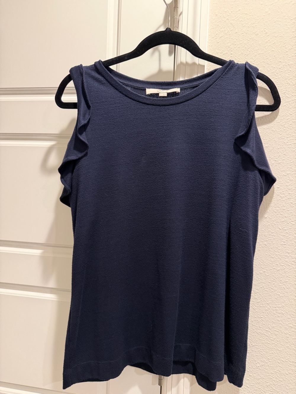 LOFT Navy Ruffle Cold Shoulder Top